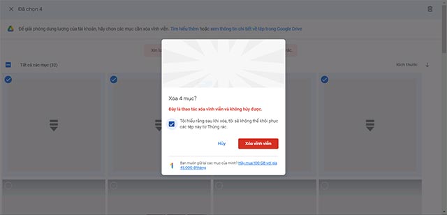 Xóa tệp kích thước lớn Đăng ký Drive không giới hạn dung lượng google one (2)